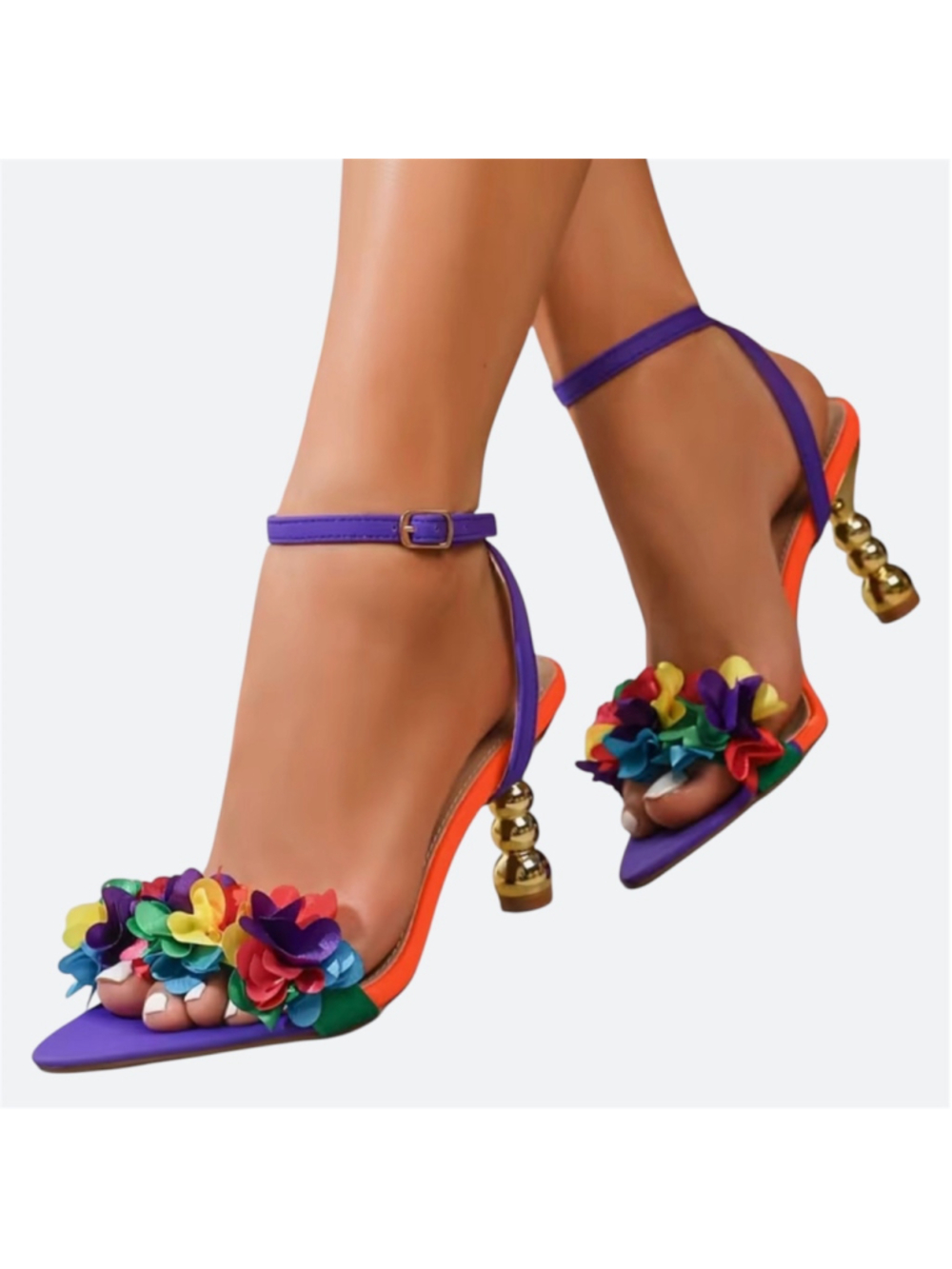 Rainbow 3D Flower Pointed Toe Floral Ankle Strap Heel Sandals Purple Size 39